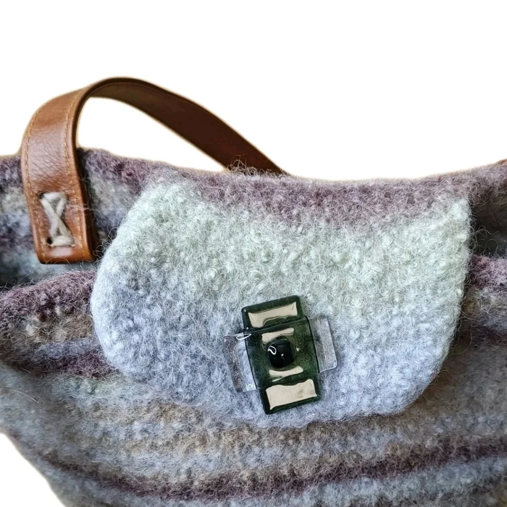 Artisan Handmade Fuzzy Wool Buckle Bag Purse Striped Glass Button Fold Over Top